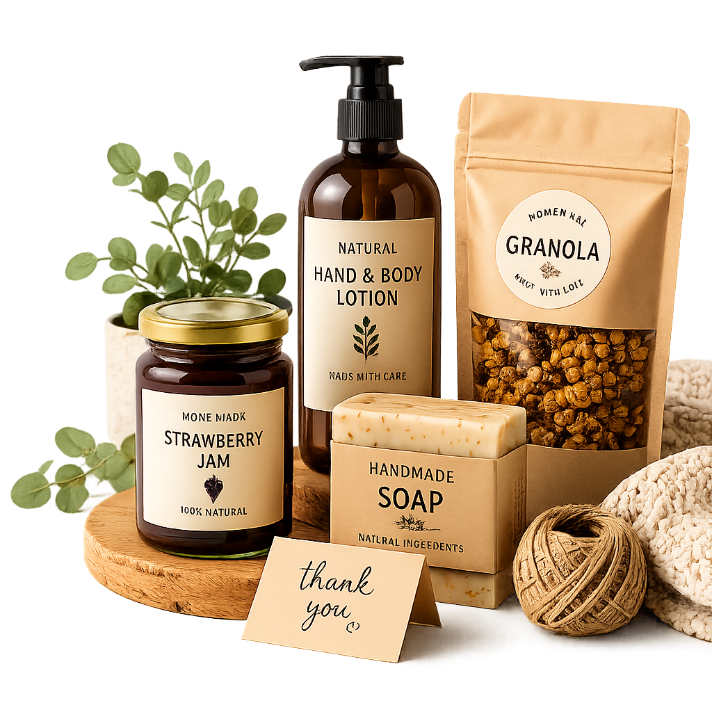 Handmade products: strawberry jam, hand and body lotion, granola, soap and a thank you card